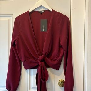 Fashion Nova Red Long Sleeve Tie Front Wrap Blouse